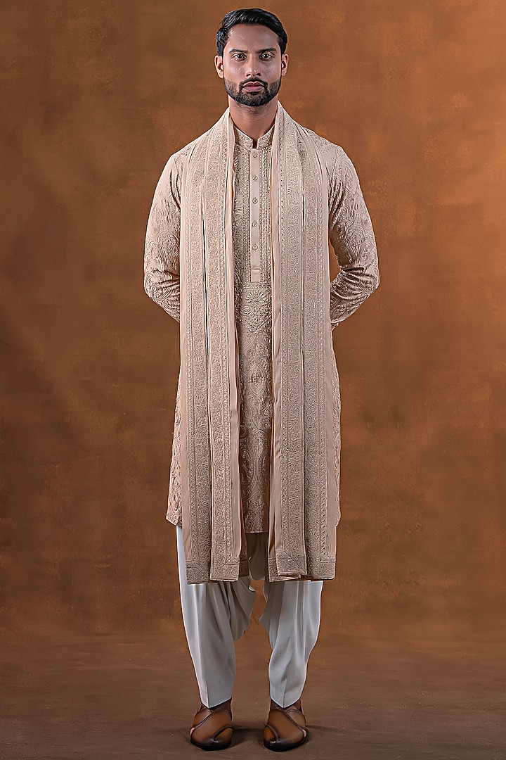 Rose Gold Art Silk Zardosi Embroidered Kurta Set by Punit Arora at Pernia's Pop Up Shop
