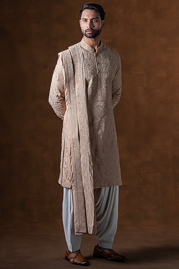 Rose Gold Art Silk Zardosi Embroidered Kurta Set by Punit Arora at Pernia's Pop Up Shop