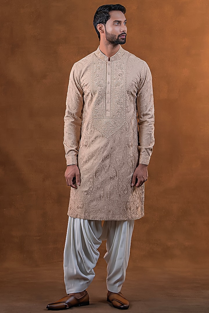 Rose Gold Art Silk Zardosi Embroidered Kurta Set by Punit Arora at Pernia's Pop Up Shop