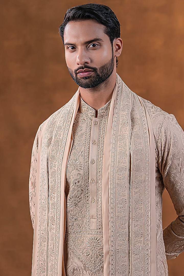 Rose Gold Art Silk Zardosi Embroidered Kurta Set by Punit Arora at Pernia's Pop Up Shop