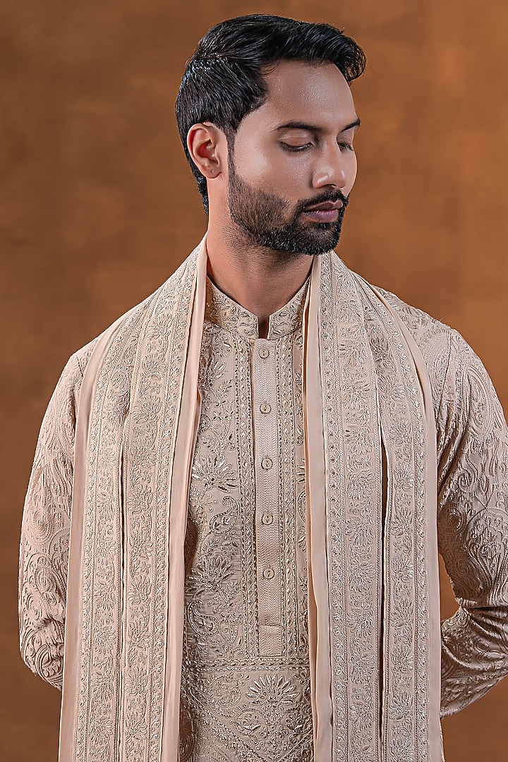 Rose Gold Art Silk Zardosi Embroidered Kurta Set by Punit Arora at Pernia's Pop Up Shop