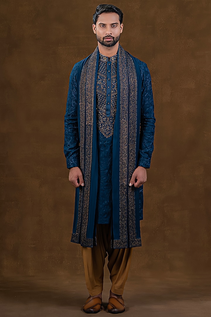 Blue Art Silk Zardosi Embroidered Kurta Set by Punit Arora at Pernia's Pop Up Shop