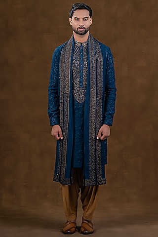 Blue Art Silk Zardosi Embroidered Kurta Set by Punit Arora