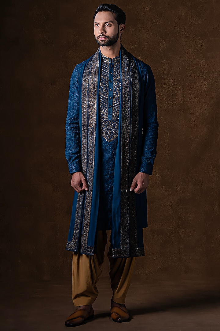 Blue Art Silk Zardosi Embroidered Kurta Set by Punit Arora at Pernia's Pop Up Shop