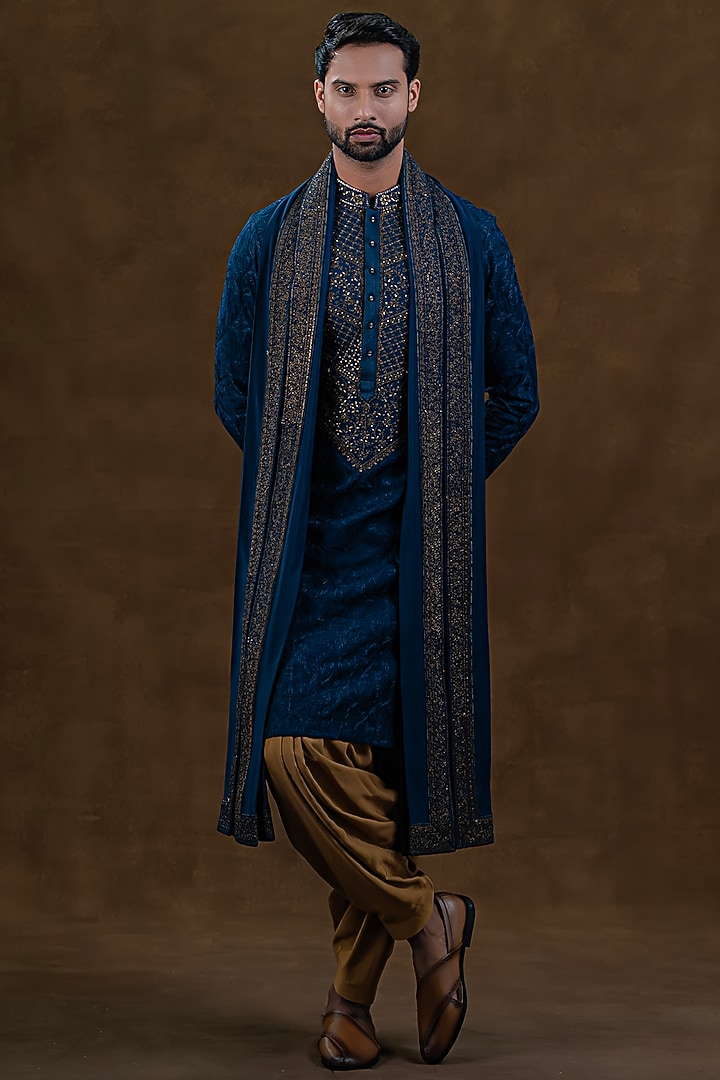 Blue Art Silk Zardosi Embroidered Kurta Set by Punit Arora at Pernia's Pop Up Shop
