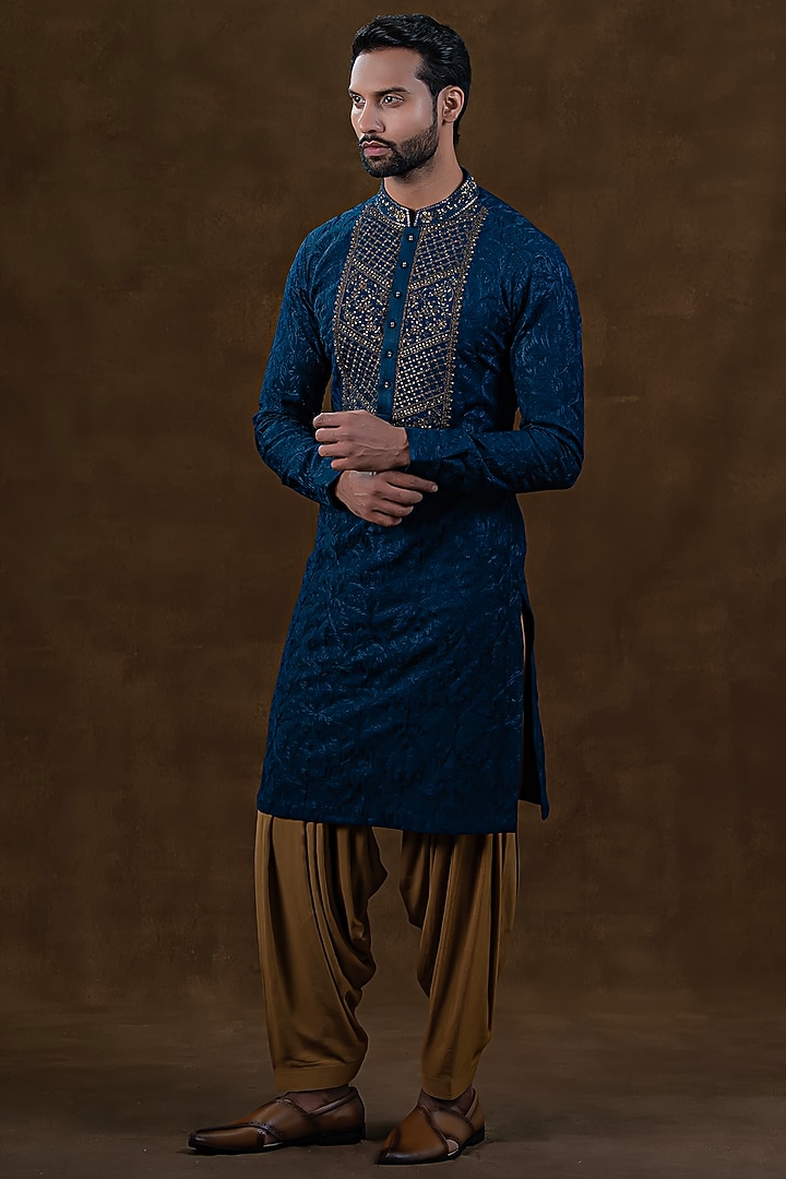 Blue Art Silk Zardosi Embroidered Kurta Set by Punit Arora at Pernia's Pop Up Shop