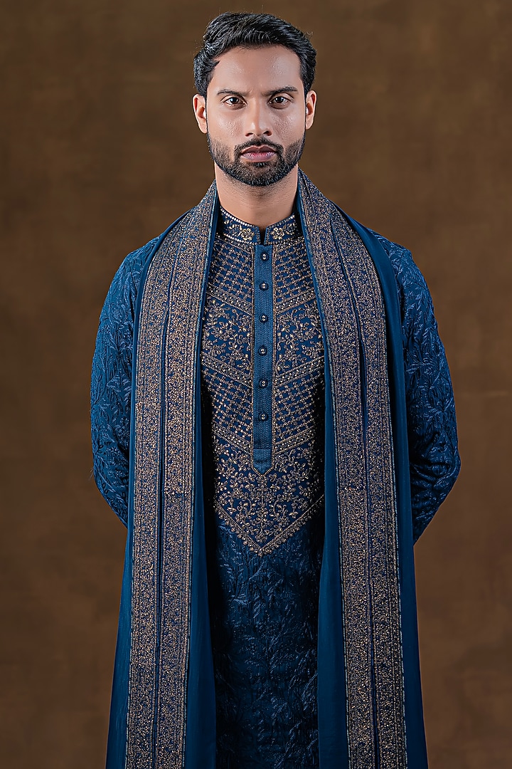 Blue Art Silk Zardosi Embroidered Kurta Set by Punit Arora at Pernia's Pop Up Shop