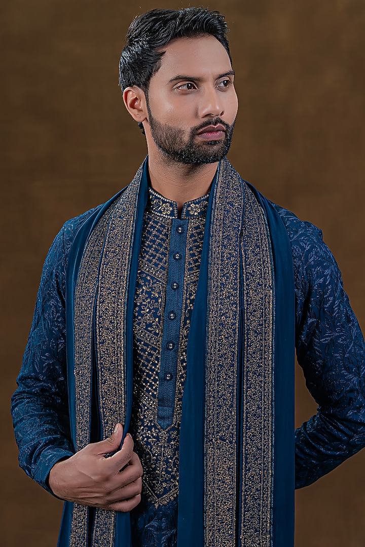 Blue Art Silk Zardosi Embroidered Kurta Set by Punit Arora at Pernia's Pop Up Shop