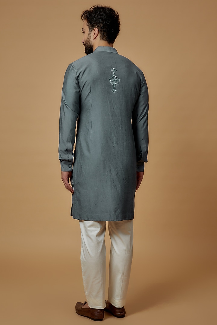 Blue Cotton Silk Mirror Embroidered Kurta by Punit Arora at Pernia's Pop Up Shop