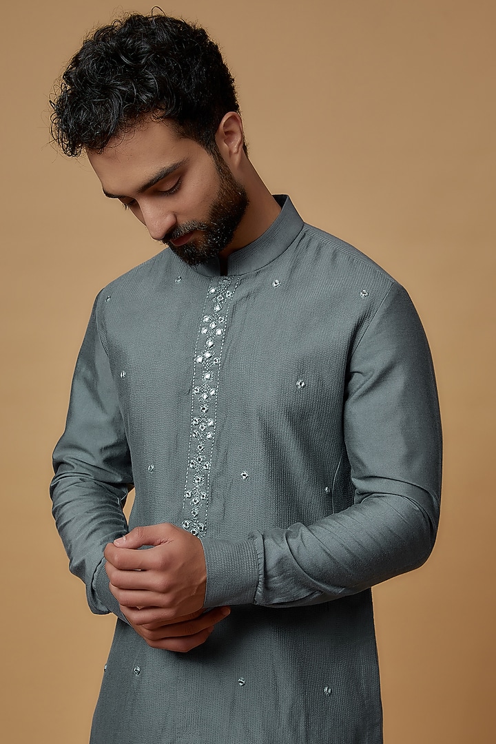 Blue Cotton Silk Mirror Embroidered Kurta by Punit Arora at Pernia's Pop Up Shop