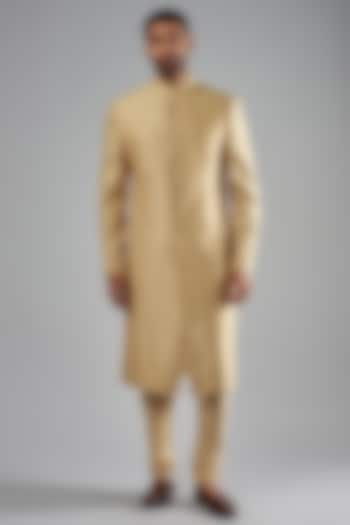 Dark Gold Matka Silk Embroidered Sherwani Set by Punit Arora