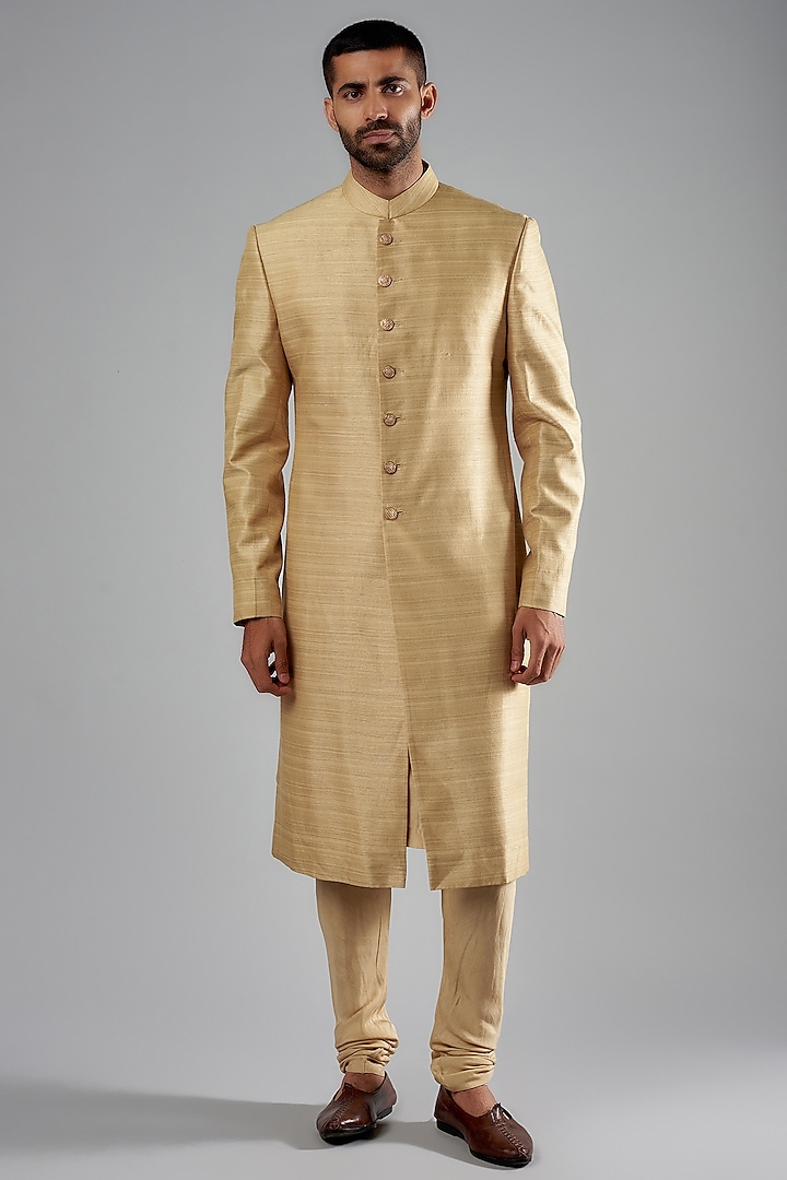 Dark Gold Matka Silk Embroidered Sherwani Set by Punit Arora