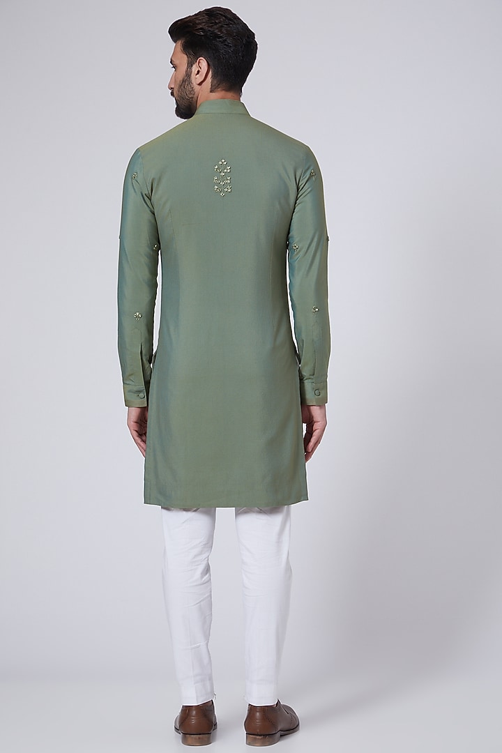Green Cotton Silk Embroidered Kurta Set by Punit Arora at Pernia's Pop Up Shop