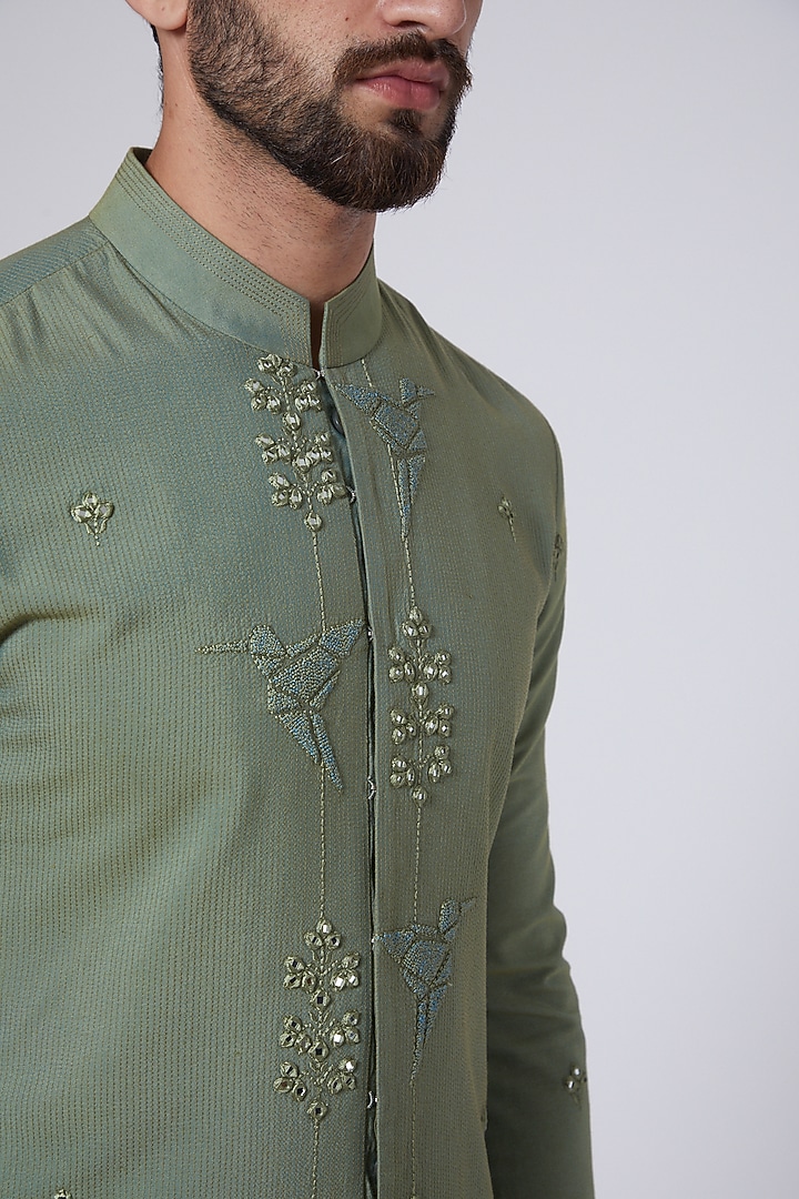 Green Cotton Silk Embroidered Kurta Set by Punit Arora at Pernia's Pop Up Shop