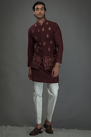 Wine Matka Silk Embroidered Bundi Jacket Set by Punit Arora