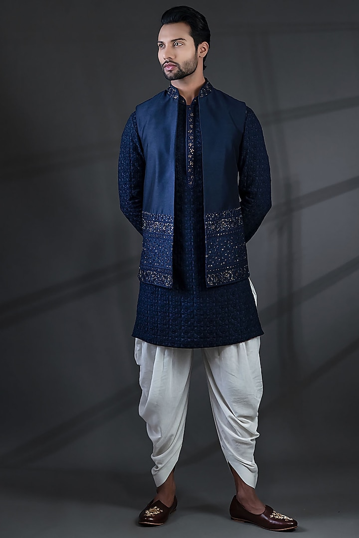 Navy Blue Cotton Silk Embroidered Bundi Set by Punit Arora