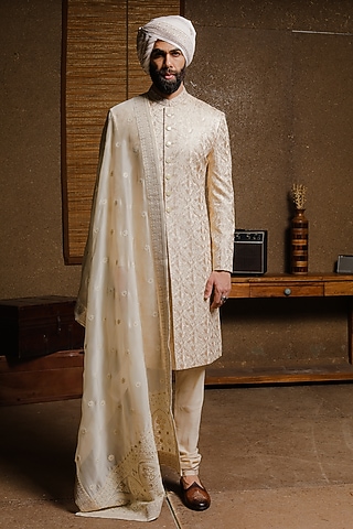 Light Beige Silk Embroidered Sherwani Set by Punit Arora