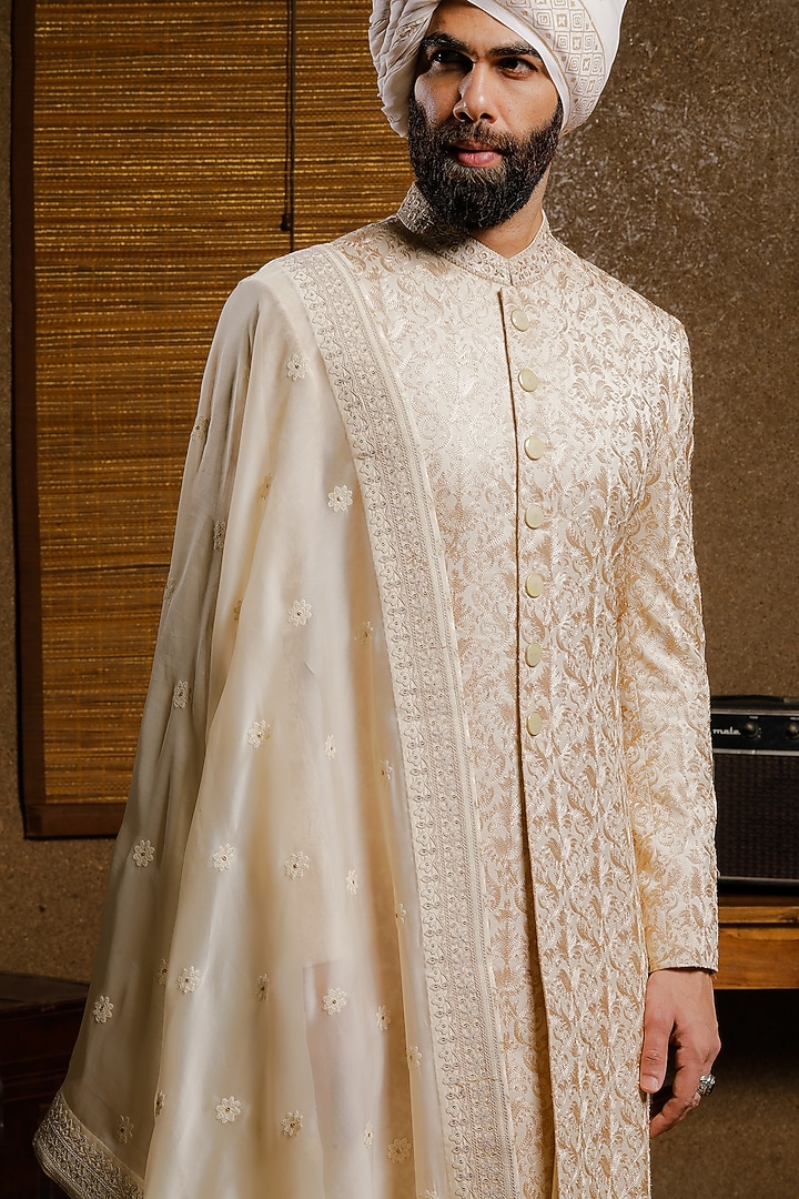 Light Beige Silk Embroidered Groom Sherwani Set by Punit Arora at Pernia's Pop Up Shop