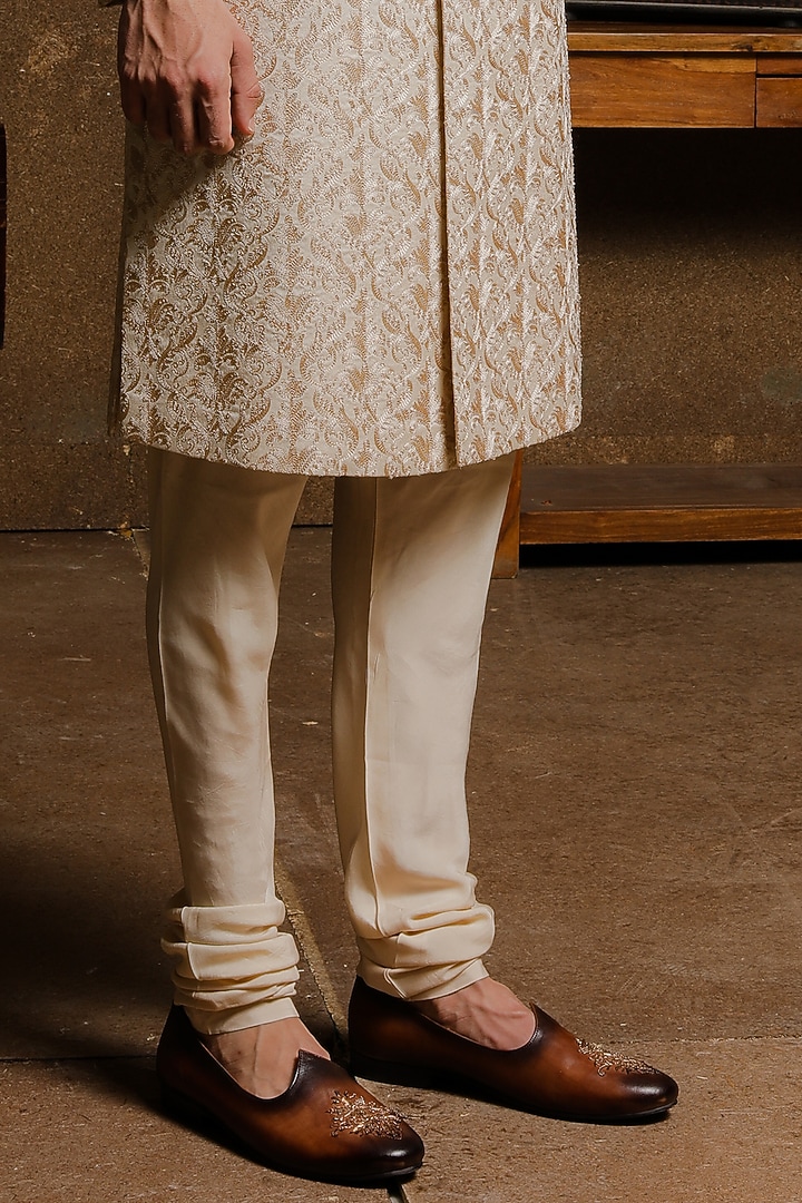 Light Beige Silk Embroidered Groom Sherwani Set by Punit Arora at Pernia's Pop Up Shop