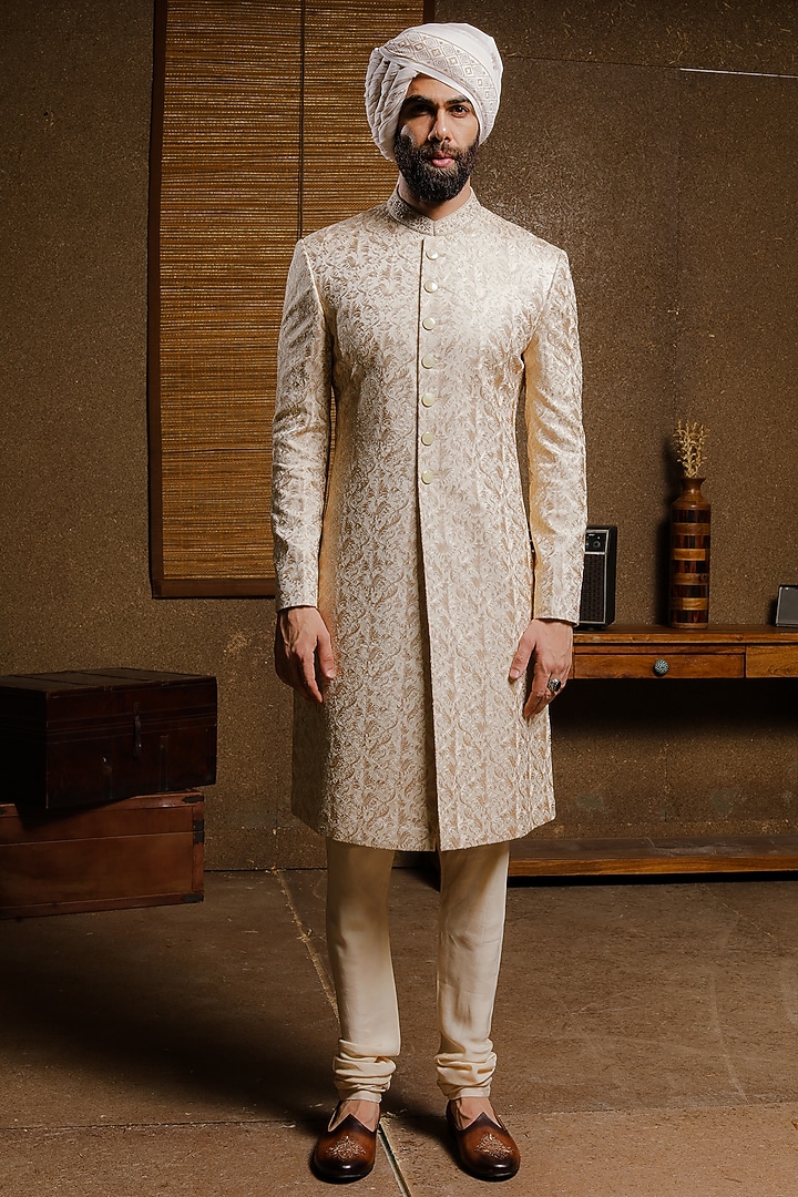 Light Beige Silk Embroidered Groom Sherwani Set by Punit Arora at Pernia's Pop Up Shop
