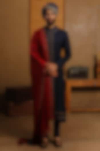 Navy Blue Silk Embroidered Groom Sherwani Set by Punit Arora at Pernia's Pop Up Shop