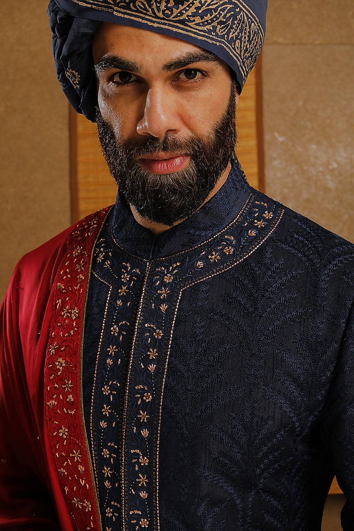 Navy Blue Silk Embroidered Groom Sherwani Set by Punit Arora at Pernia's Pop Up Shop