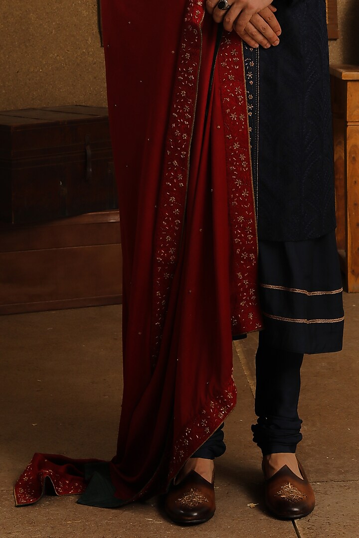 Navy Blue Silk Embroidered Groom Sherwani Set by Punit Arora at Pernia's Pop Up Shop