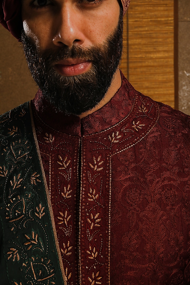 Maroon Silk Embroidered Groom Sherwani Set by Punit Arora at Pernia's Pop Up Shop