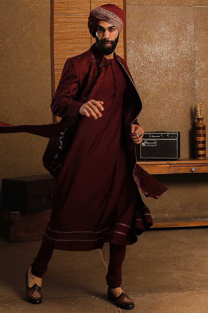 Maroon Silk Embroidered Groom Sherwani Set by Punit Arora at Pernia's Pop Up Shop
