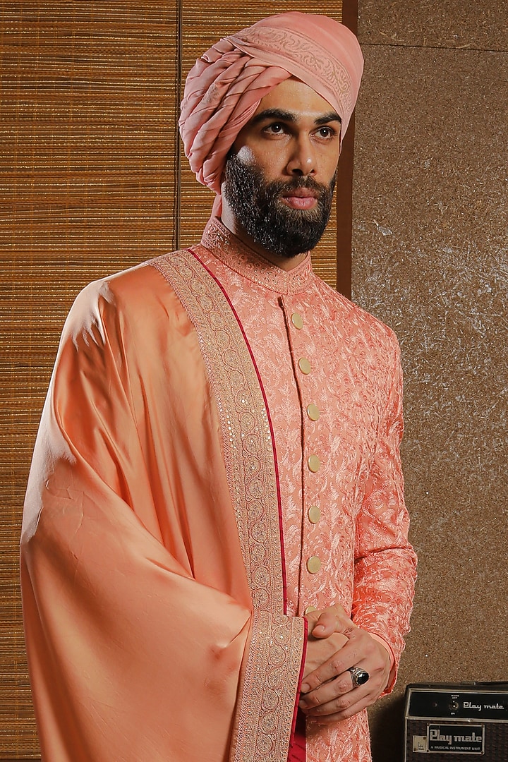 Peach Silk Leaf Texture Embroidered Groom Sherwani Set by Punit Arora at Pernia's Pop Up Shop