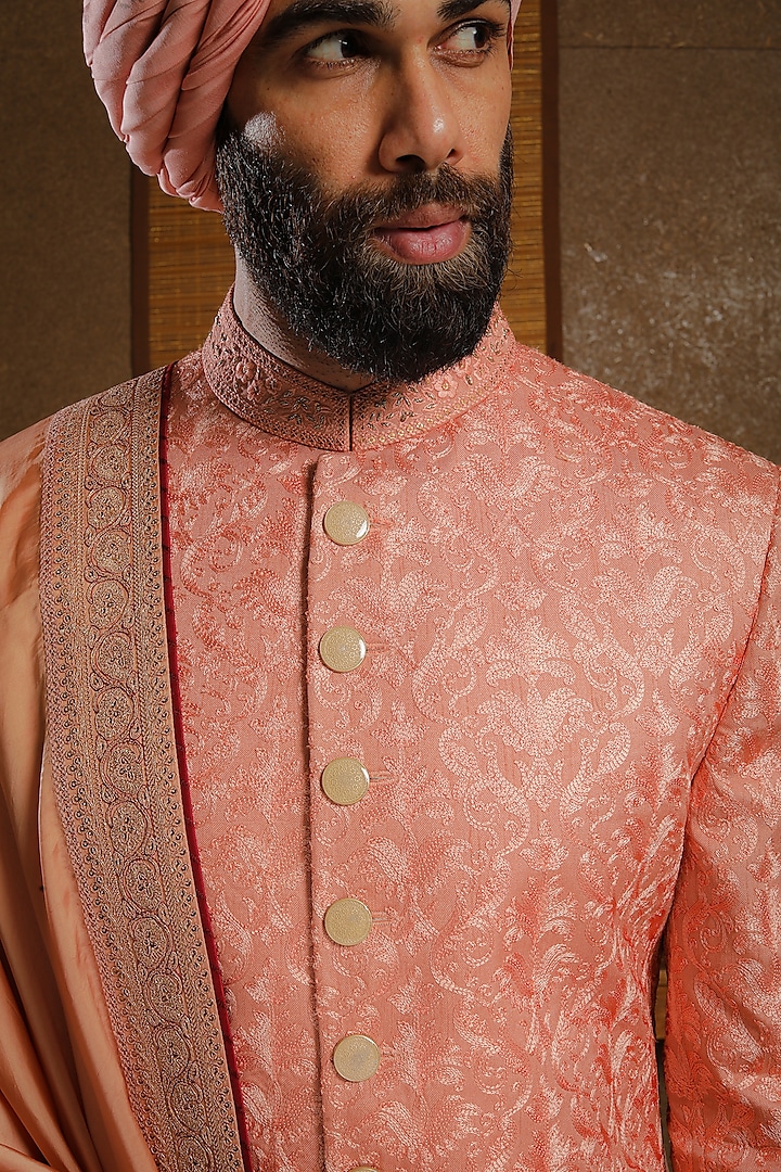 Peach Silk Leaf Texture Embroidered Groom Sherwani Set by Punit Arora at Pernia's Pop Up Shop