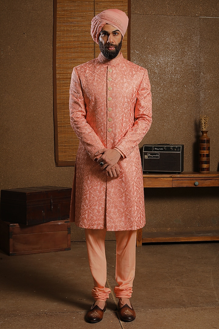 Peach Silk Leaf Texture Embroidered Groom Sherwani Set by Punit Arora at Pernia's Pop Up Shop