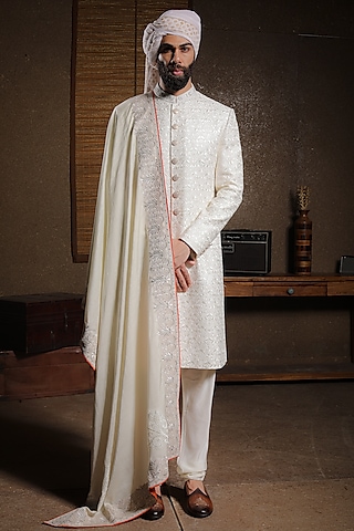 Ivory Silk Sherwani Set by Punit Arora