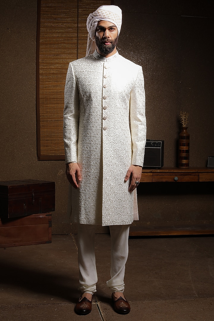 Ivory Silk Groom Sherwani Set by Punit Arora at Pernia's Pop Up Shop