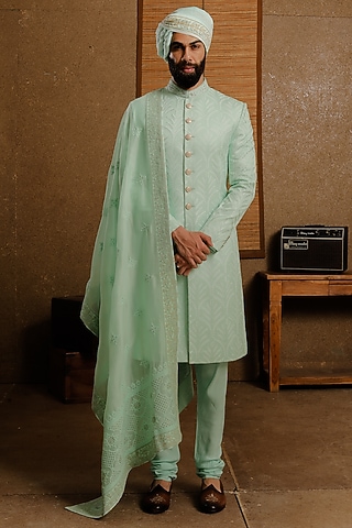 Mint Green Silk Sherwani Set by Punit Arora