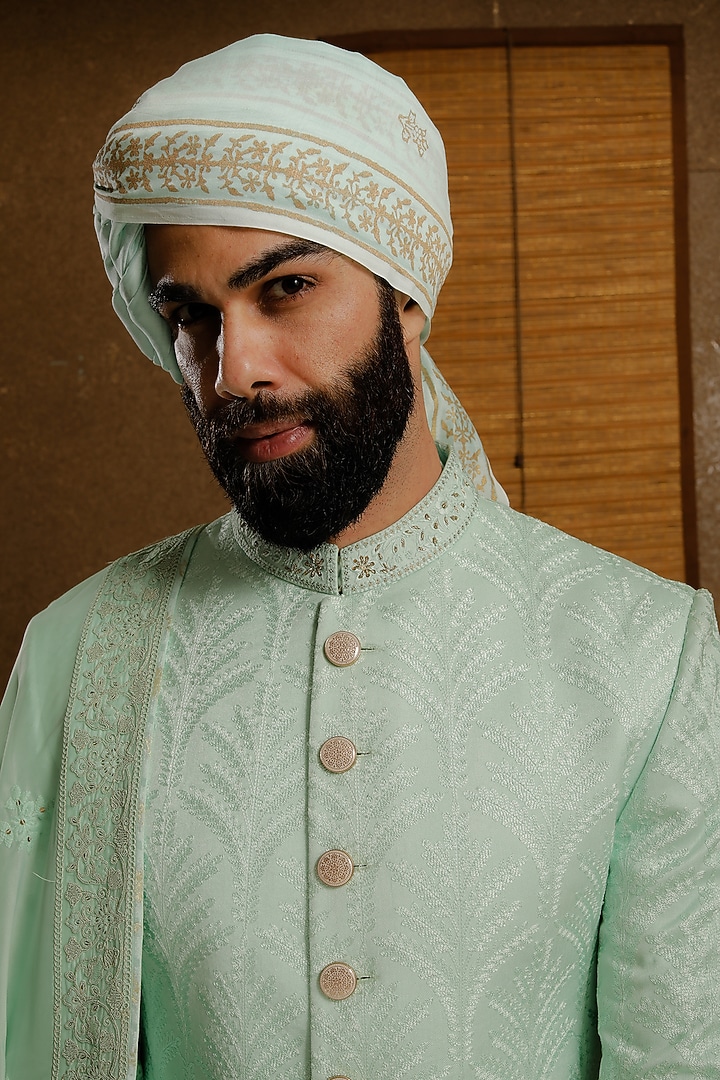 Mint Green Silk Groom Sherwani Set by Punit Arora at Pernia's Pop Up Shop