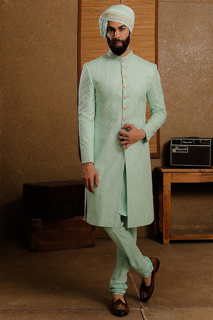 Mint Green Silk Groom Sherwani Set by Punit Arora at Pernia's Pop Up Shop