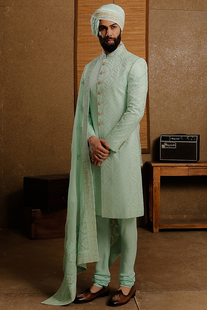 Mint Green Silk Groom Sherwani Set by Punit Arora at Pernia's Pop Up Shop