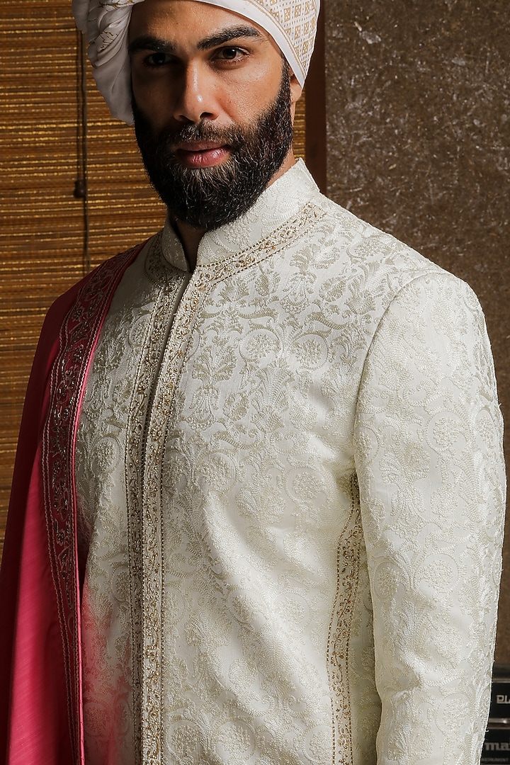 Cream Silk Groom Sherwani Set by Punit Arora at Pernia's Pop Up Shop