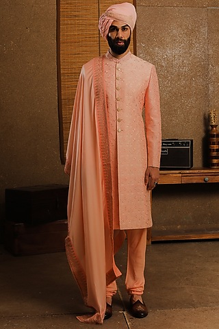 Light Peach Silk Sherwani Set by Punit Arora
