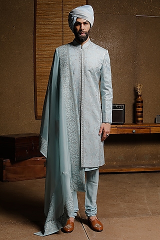 Sky Blue Silk Embroidered Sherwani Set by Punit Arora