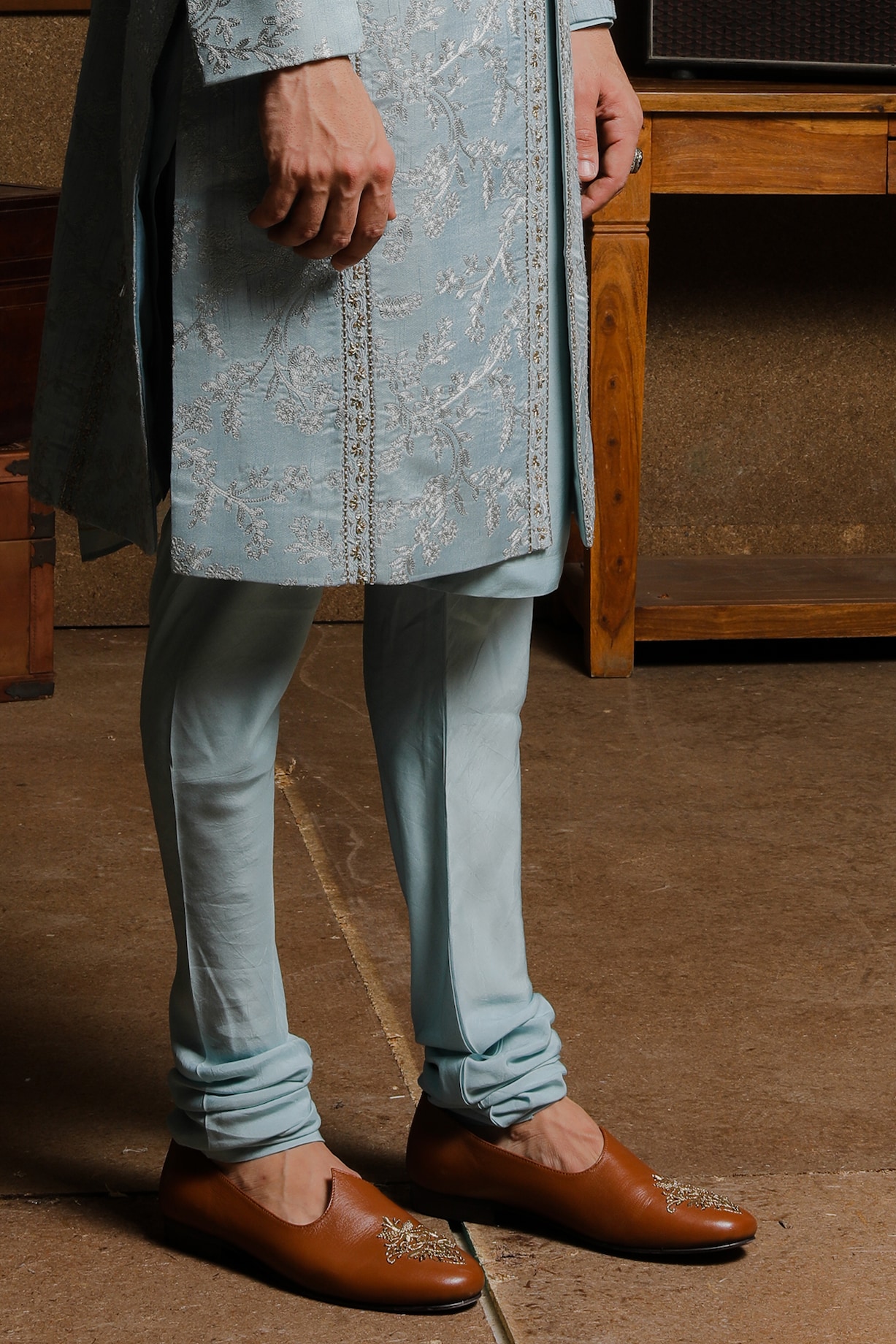Sky Blue Silk Embroidered Groom Sherwani Set by Punit Arora at