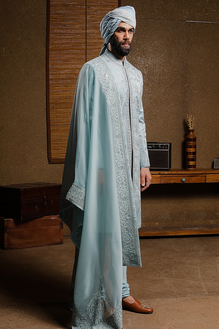 Sky Blue Silk Embroidered Groom Sherwani Set by Punit Arora at Pernia's Pop Up Shop