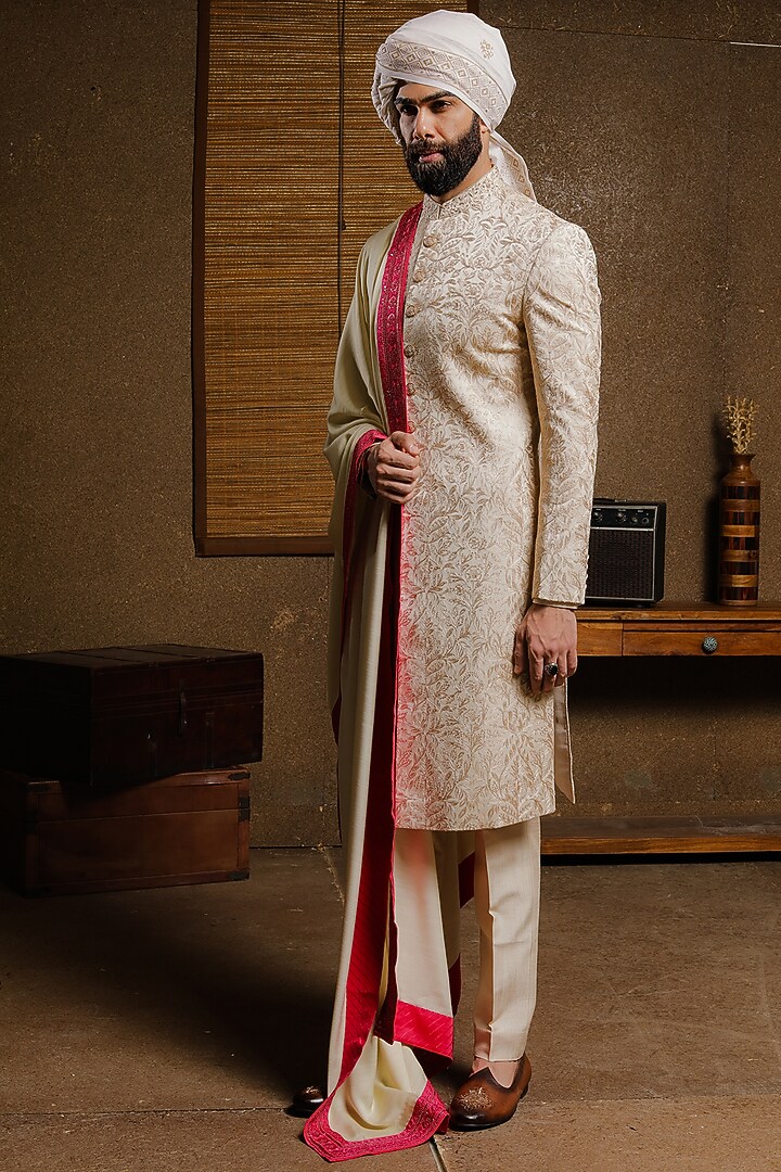 Cream Silk Embroidered Groom Sherwani Set by Punit Arora at Pernia's Pop Up Shop