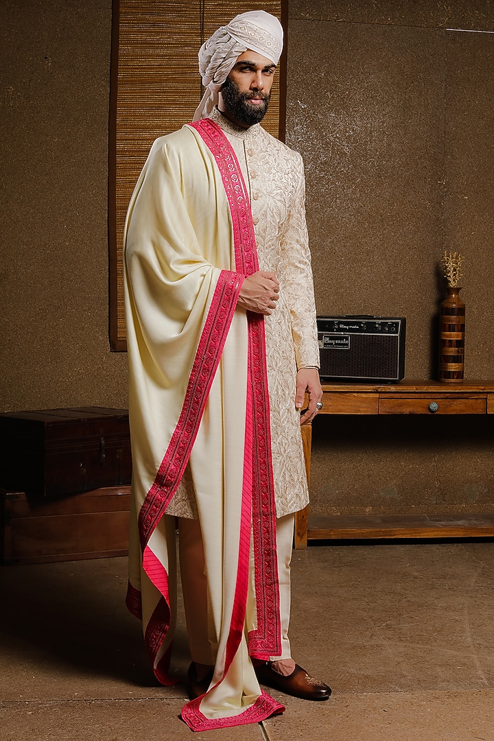 Cream Silk Embroidered Groom Sherwani Set by Punit Arora at Pernia's Pop Up Shop