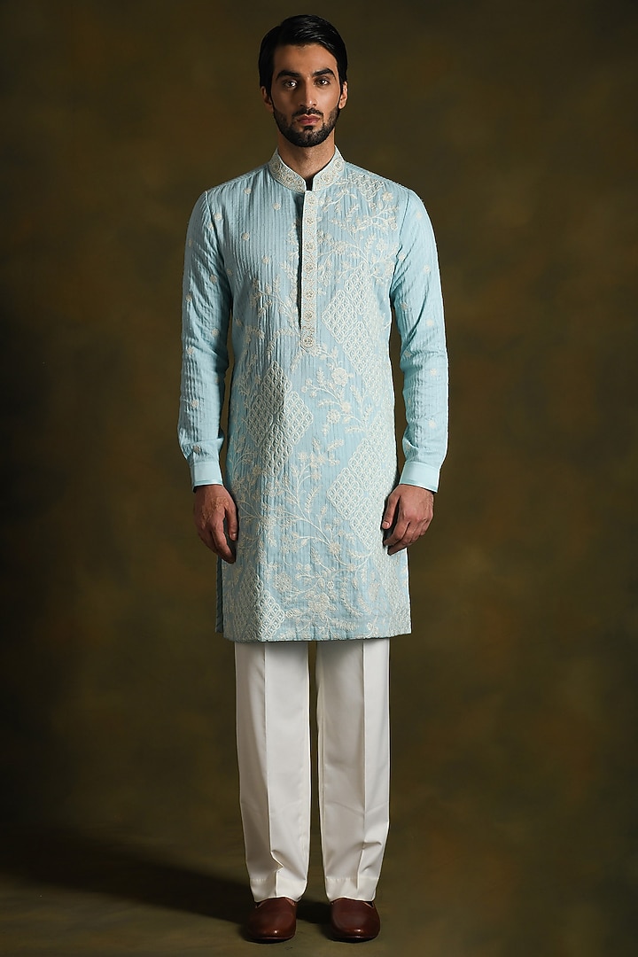 Sky Blue Modal Cotton & Silk Embroidered Kurta Set by Punit Arora at Pernia's Pop Up Shop