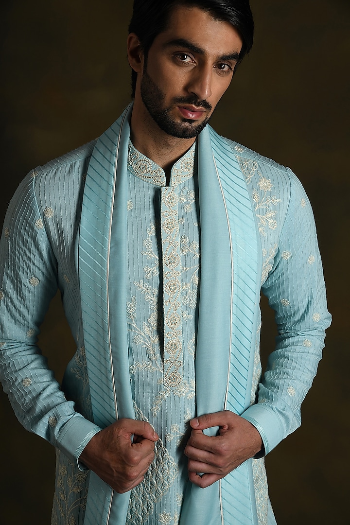 Sky Blue Modal Cotton & Silk Embroidered Kurta Set by Punit Arora at Pernia's Pop Up Shop