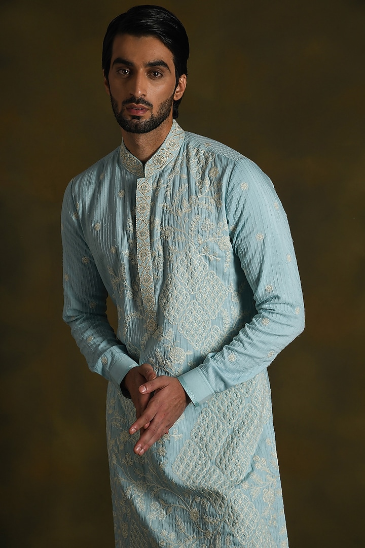 Sky Blue Modal Cotton & Silk Embroidered Kurta Set by Punit Arora at Pernia's Pop Up Shop