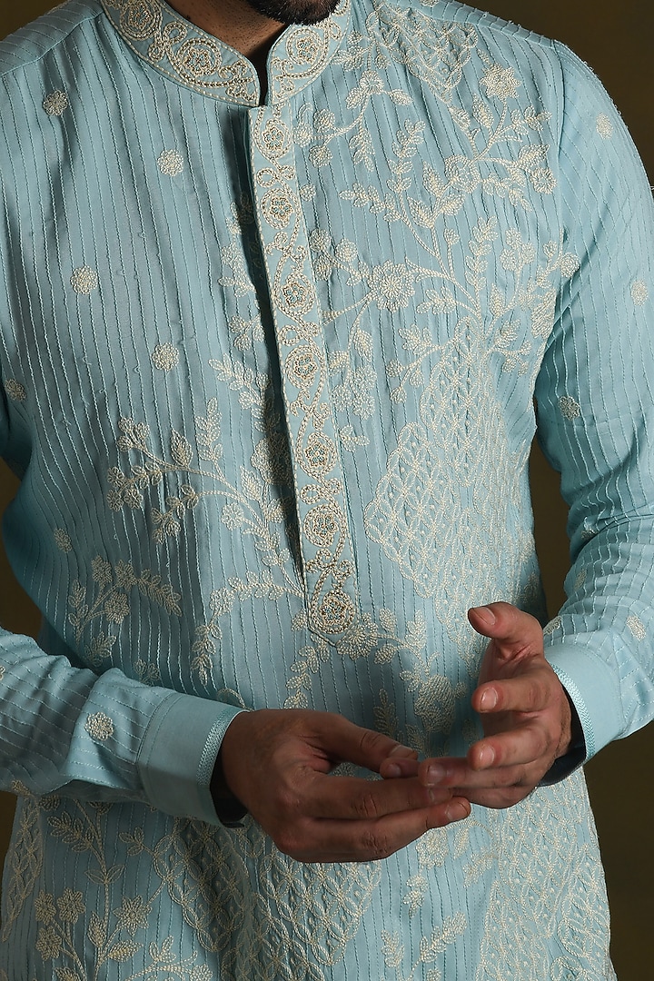 Sky Blue Modal Cotton & Silk Embroidered Kurta Set by Punit Arora at Pernia's Pop Up Shop