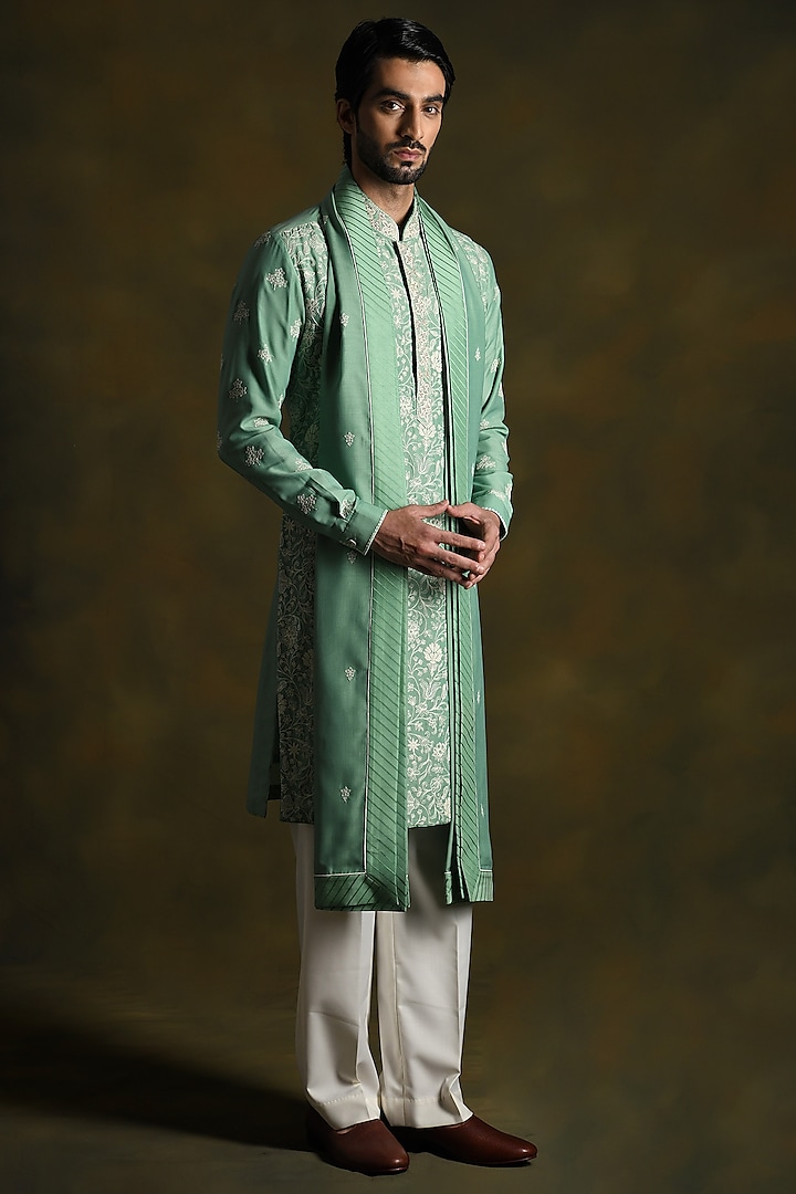 Pistachio Green Modal Cotton & Silk Embroidered Kurta Set by Punit Arora